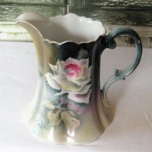 Antique porcelain ceramic water pitcher, large decorative ornate vase with handle spout turquoise white pink large rose floral, CT Altwasser