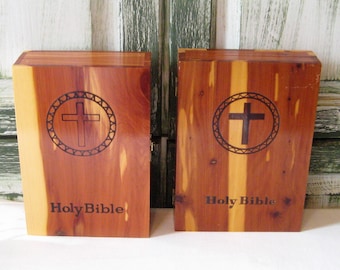 Antique cedar wood Holy Bible box, hinged lid, mid century Union made, 50s 60s, rustic distressed, Christ Jesus, religious decor