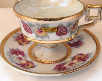 Mens size tea cup and saucer, souvenir of Windsor Canada, pink burgundy floral teacup, gold trim, mid century made in Japan, 50s 60s ornate