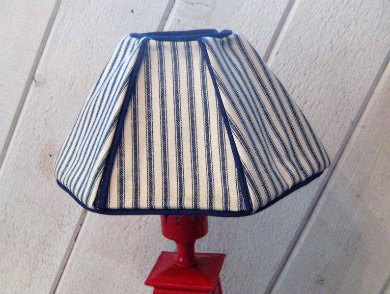 nautical beach decor vintage ticking fabric Red light hose lamp OOAK blue white striped lamp shade mid century upcycled vintage lamp