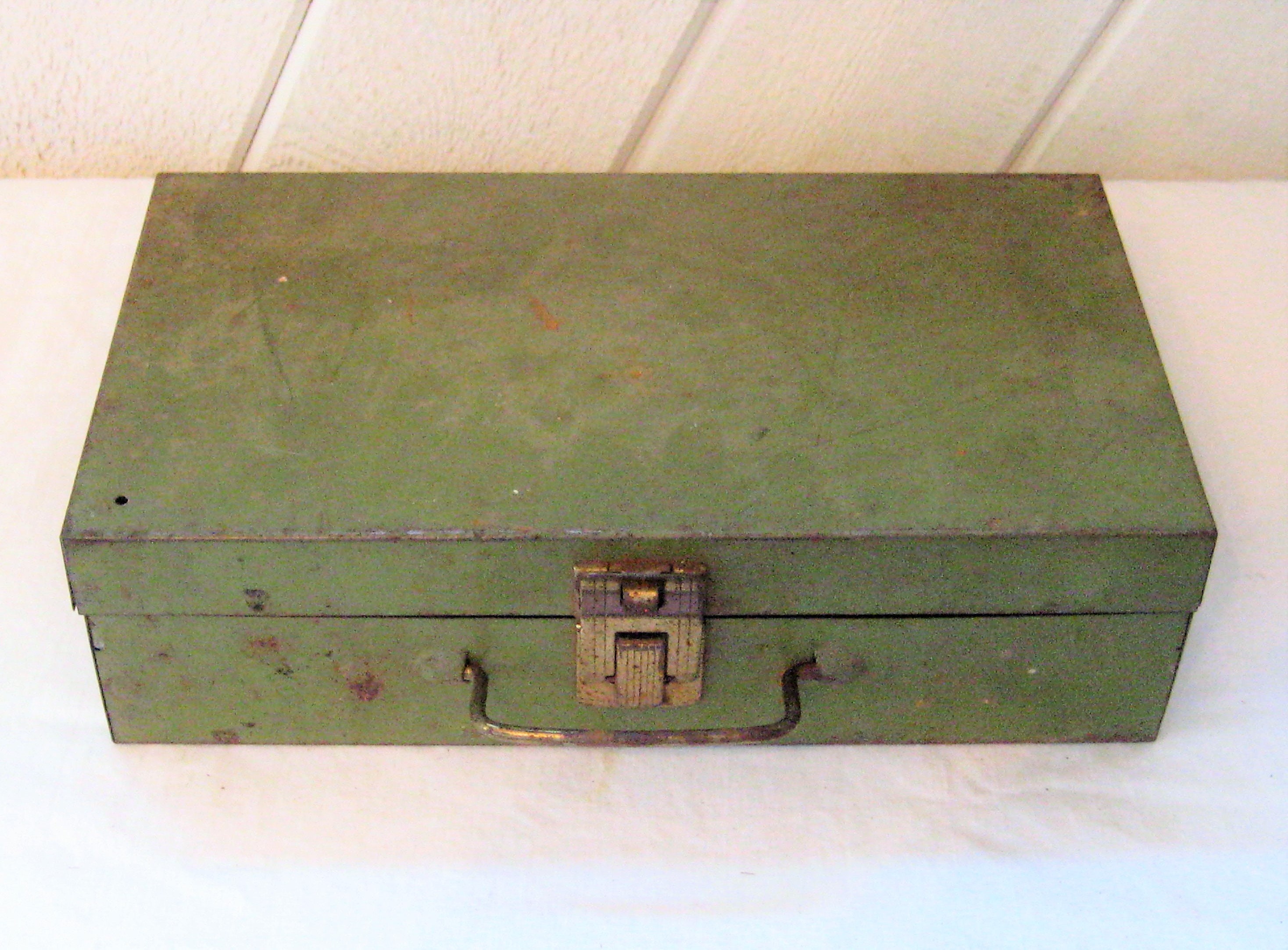 Rustic Green Metal Tool Box Hinged Lid Letter Memory Box Etsy