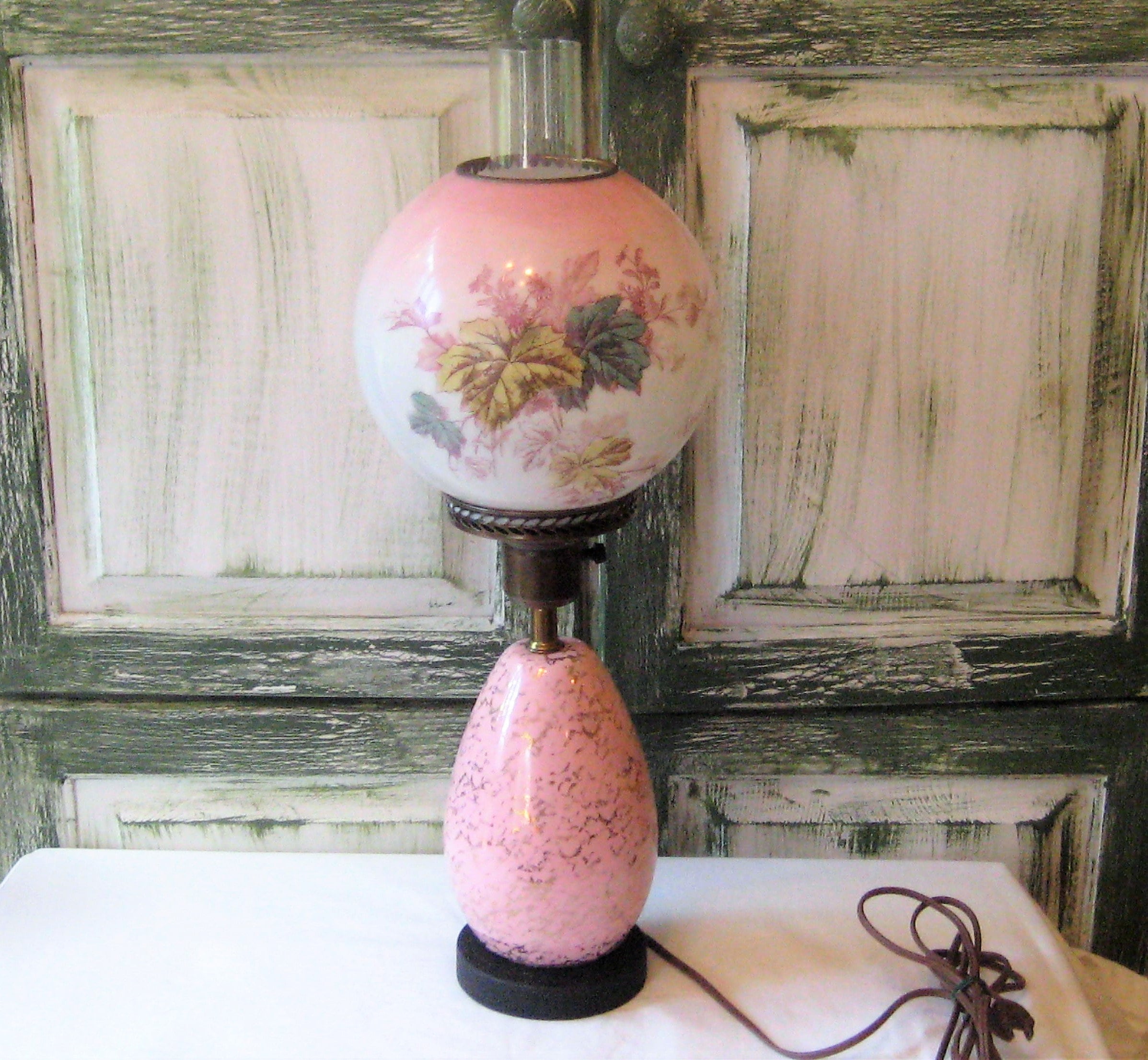 Antique Pink Glass Table Lamp, Tall Hurricane Lantern Lamp, Speckled Gold,  Turquoise Yellow Leaves, Mid Century 30s 40s 50s, Farmhouse Decor -   Canada