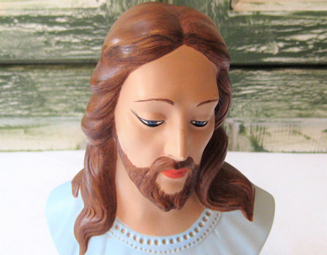Vintage Ceramic Bust of Jesus Statue, Head of Christ Figurine