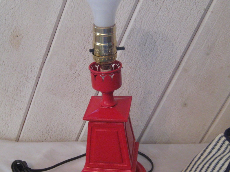 nautical beach decor vintage ticking fabric Red light hose lamp OOAK blue white striped lamp shade mid century upcycled vintage lamp