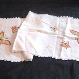 Vintage embroidered table runner, colorful butterflies orange yellow lime green brown, white crochet border, mid century handmade 50s OOAK