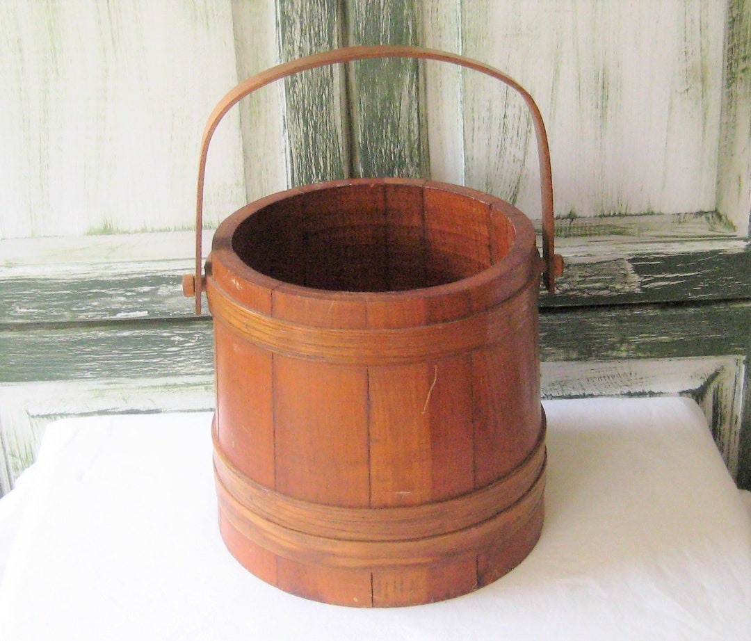 Antique Wood Firkin Bucket, Wooden Indoor Planter, Brown Wood Slat
