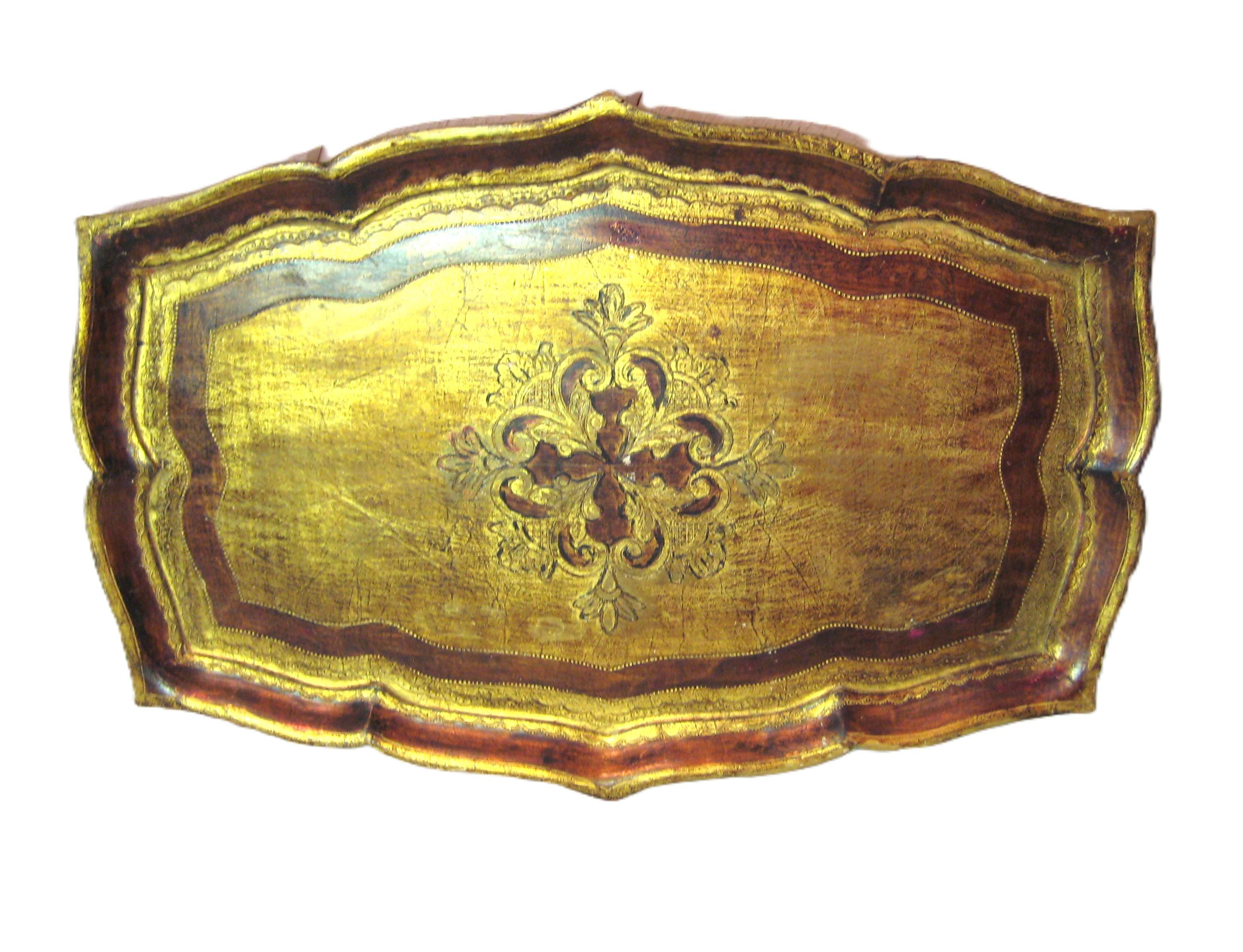 50's ビンテージ トレイ Vintage Florentine Wood Tray, Gold Cranberry Red Large Decorative