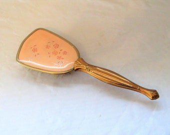 Gold metal hair brush, peach pink floral design, ornate tin hair brush, mid century, 1950s, made in USA, decorative, berdoom vanity decor