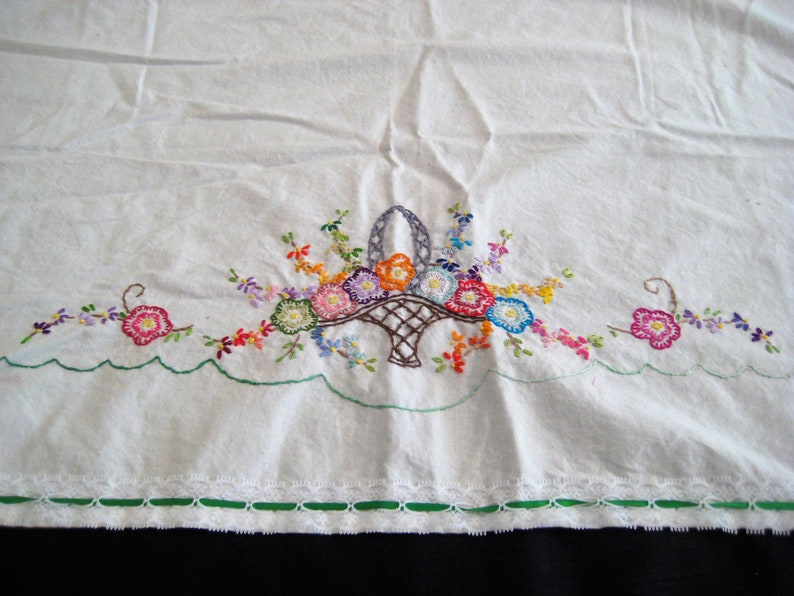 Vintage White Embroidered Runner Flowers and Baskets Etsy