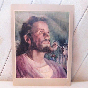 Lithographie vintage de Jésus, Dieu parle par son fils, impression du Christ, décoration murale, milieu du siècle 1966, décoration religieuse catholique