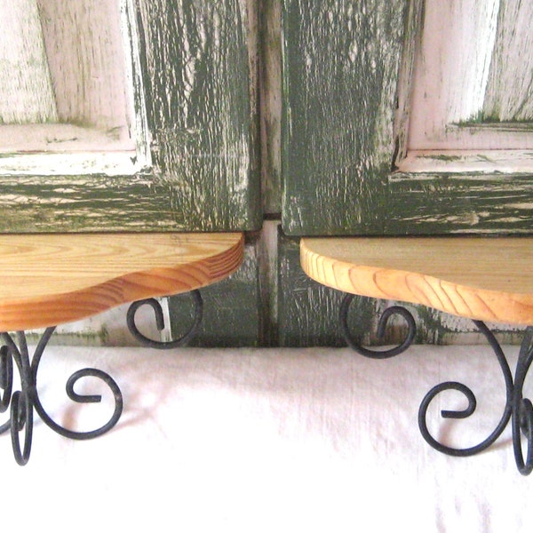 Pair of small vintage wood shelves, brown wooden petite scone shelves, curvy wrought iron base, ornate scalloped unfinished raw wood