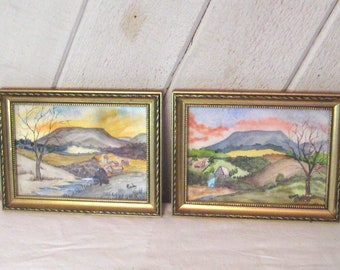 Antique pair of watercolors painting, petite framed paintings signed unknown artist, gold wood frames, mid century 50s 60s farmhouse OOAK