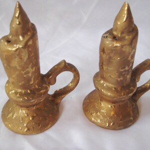 Vintage Savoy salt and pepper shakers, gold candlestick salt and pepper, vintage Christmas decor, mid century holiday decor