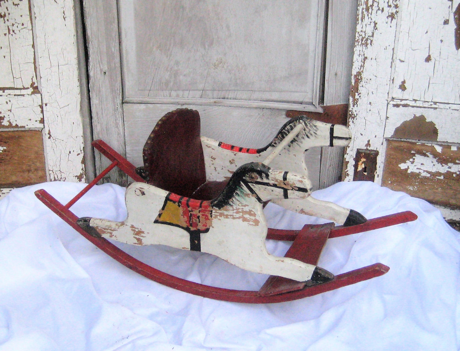 Antique Double Wood Rocking Horse Leather Seat Rocking Horse Etsy