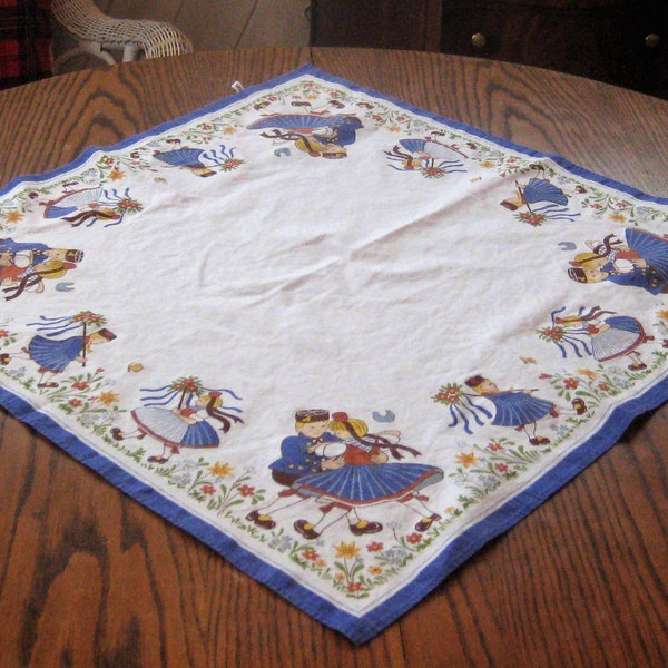 Small square luncheon tablecloth, Danish boys girls, Dutch tablecloth, white violet blue, blond hair children, mid century 50s 60s