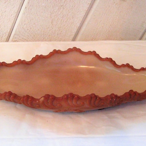 Oval ceramic shallow bowl, chocolate brown glass vintage serving dish, Geneva glass decorative ornate scalloped, antique, early 1900s