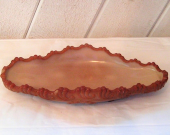 Ovale keramische ondiepe kom, chocoladebruine glazen vintage serveerschaal, Genève glas decoratief sierlijk geschulpt, antiek, begin jaren 1900