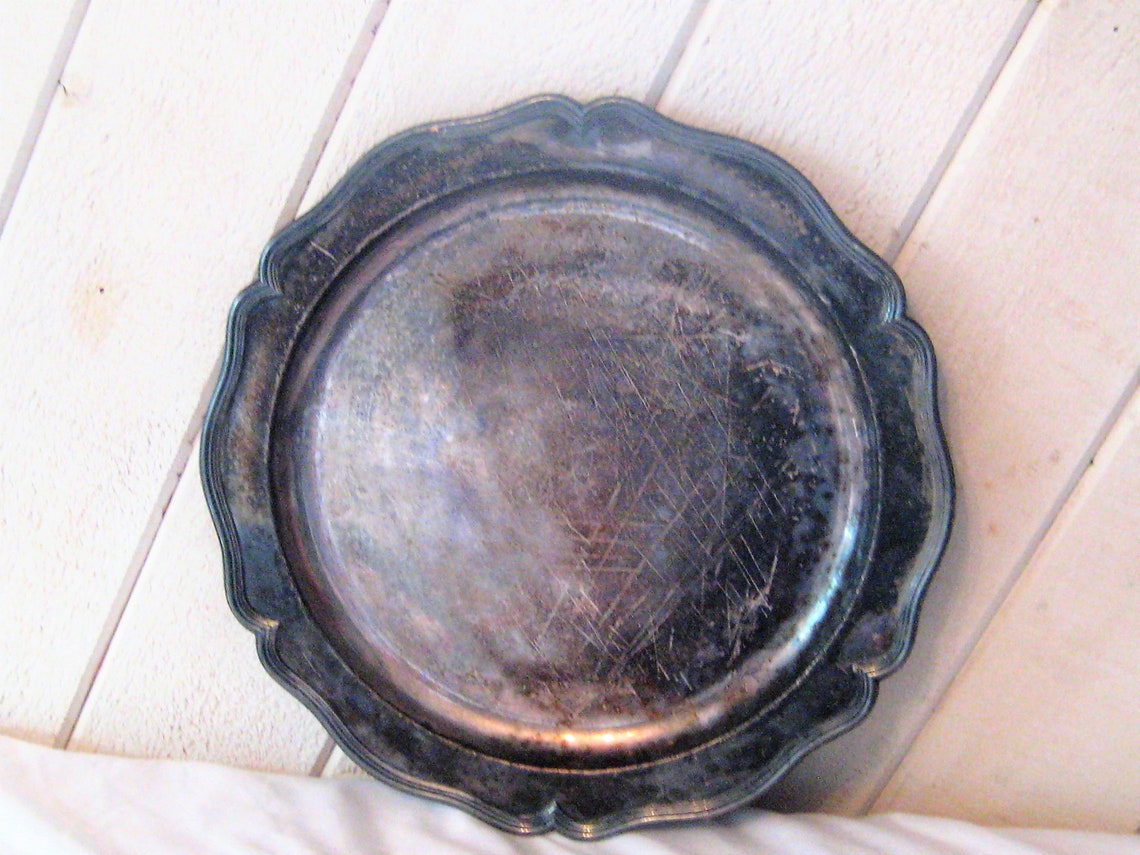 Round silver plate rustic tray tarnished metal tray Etsy