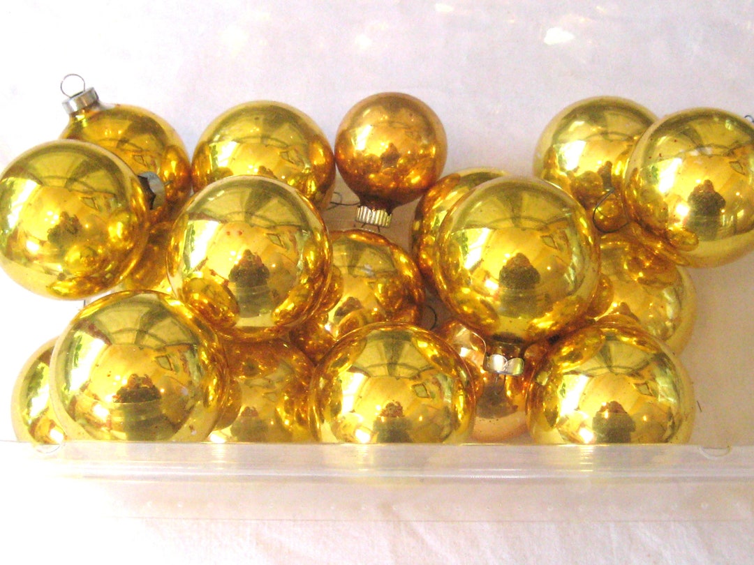 Vintage Large Collection Glass Gold Ornaments, 18 Round Large Rauch