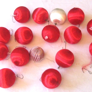 Large collection of red silk ornaments, white striped, 2.25&quot; unbreakable Christmas tree ornaments, mid century 50s 60s,