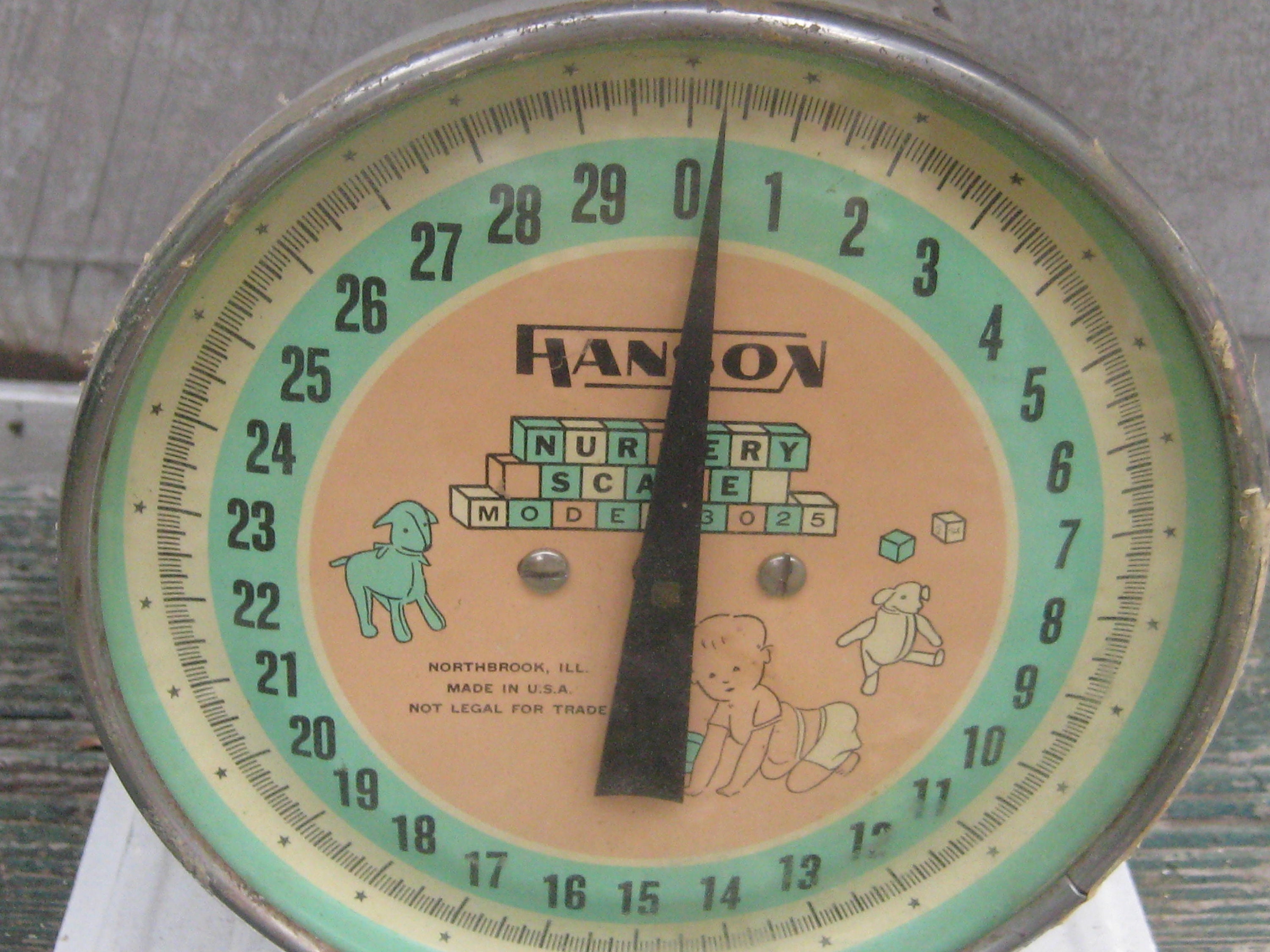 Antique Baby Scales, Large Metal Tray, White Green, Hanson Nursey