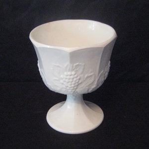 Milk glass pedestal bowl, raised white indoor planter, grape design, mid century, 1950s, wine cellar decor, farmhouse decor