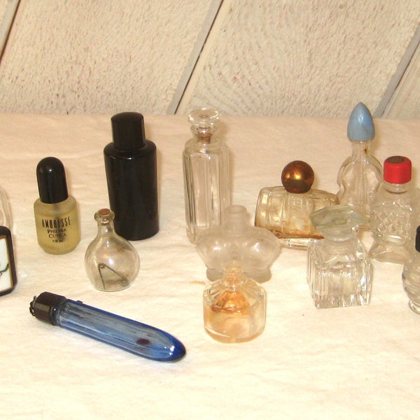 Antique collection tiny perfume bottles, 14 total, cobalt blue glass Asian, mid century 50s 60s, lot of perfume bottles instant collection