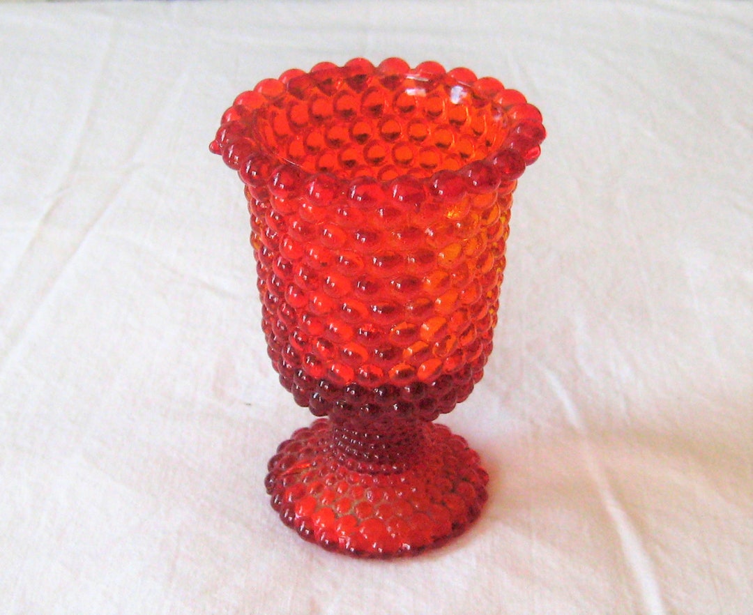 Antique Red Glass Votive Candle Holder, Hob Nail Knob, Mid Century 50s