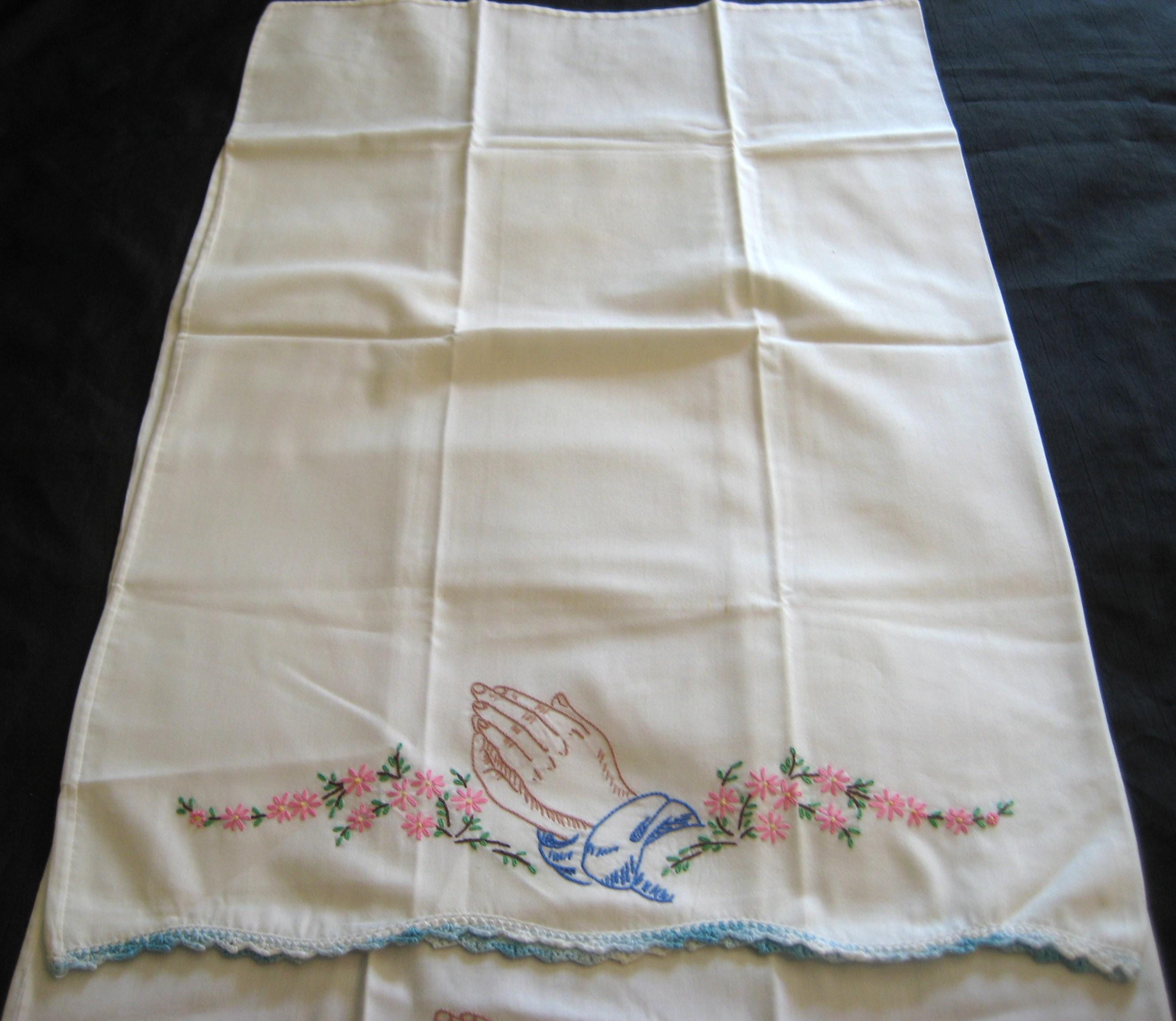 Vintage Pair of Embroidered Standard Pillowcases, Praying Hands, White ...