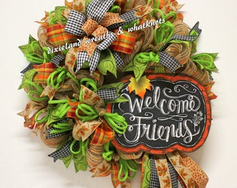 Fall Welcome Friends Wreath, Burlap Mesh, Harvest Pumpkin