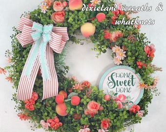 Peach Front Door Wreath, Home Sweet Home Sign, Coral Flowers
