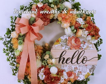 Floral Hello Wreath, Peach Coral Spring Summer Door Decor