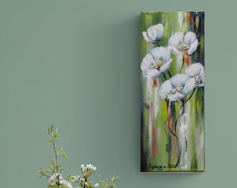 WITTE BLOEMEN 20 cm x 50 cm - abstract acryl schilderij met witte bloemen op canvas