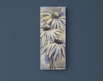 FROSTIGER WEISSER SONNENHUT 20cmx50cm - glitzerndes Blumenbild mit Echinacea im Shabby Chic Look auf Leinwand