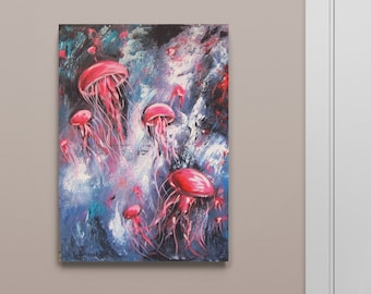 PINK JELLYFISH - abstraktes Acrylbild mit rosa Quallen auf Leinwand 50cmx70cm