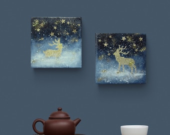 GLITTERING DEERS - Deer painting with gold glitter each 20cmx20cm on canvas (set of 2)