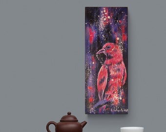 RAVEN IN NEONLIGHT - Raven painting on canvas 20cmx50cm