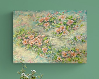 DREAMLIKE WILD ROSES - hand-painted acrylic painting on canvas with wild roses 70cmx50cm