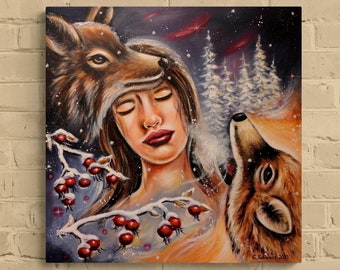 Icy touch of winter - romantic winter picture with wolves and a woman's portrait on canvas 60cmx60cm