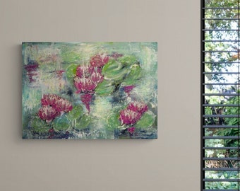 WATERLILY DREAMS -  abstraktes Seerosenbild mit Glitter auf Leinwand 70cm x 50cm - mit Metallikakzenten