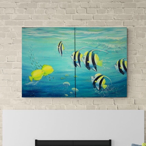 Original Acrylgemälde TROPICAL FISHES - Kunst Riff Fische gemalt Bild Deko Leinwandbild 2-teilig, insgesamt 120cm x 80cm