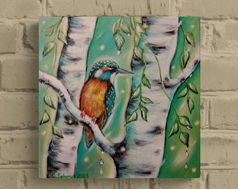 EISVOGEL IM FRÜHLINGSREGEN 30cmx30cm, gemalt in Acryl auf Leinwand