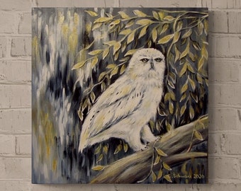 Acrylic painting "Snowy owl bedween leaves" - beautiful painting with an owl and leaves 50cmx50cm