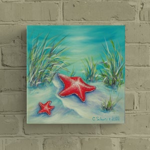 TWO RED STARFISH - acrylic seascape on canvas 30cmx30cm