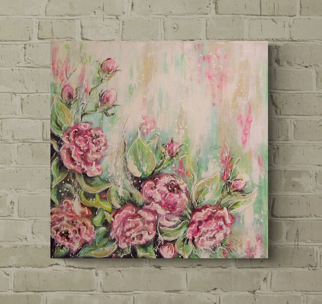 Soft Roses Art SOFT PINK ROSES - Romantic Flower Painting With Glitter 60cmx60cm - Etsy