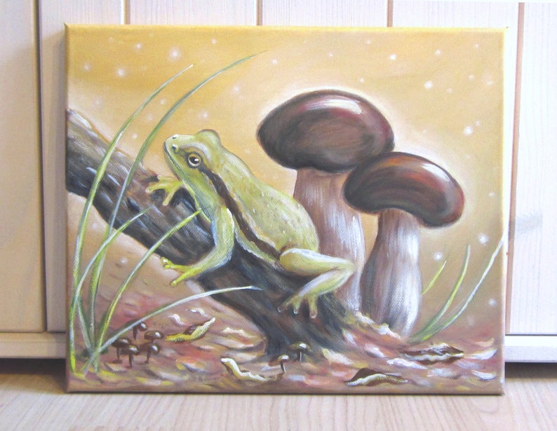 Frog Near the Mushrooms Acrylic Painting on Canvas Frog - Etsy