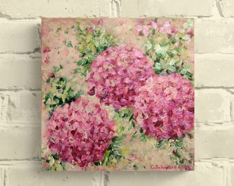 PURPLE HYDRANGEAS II 29 cm x 29 cm on gallery stretcher frame - painted flower picture on canvas