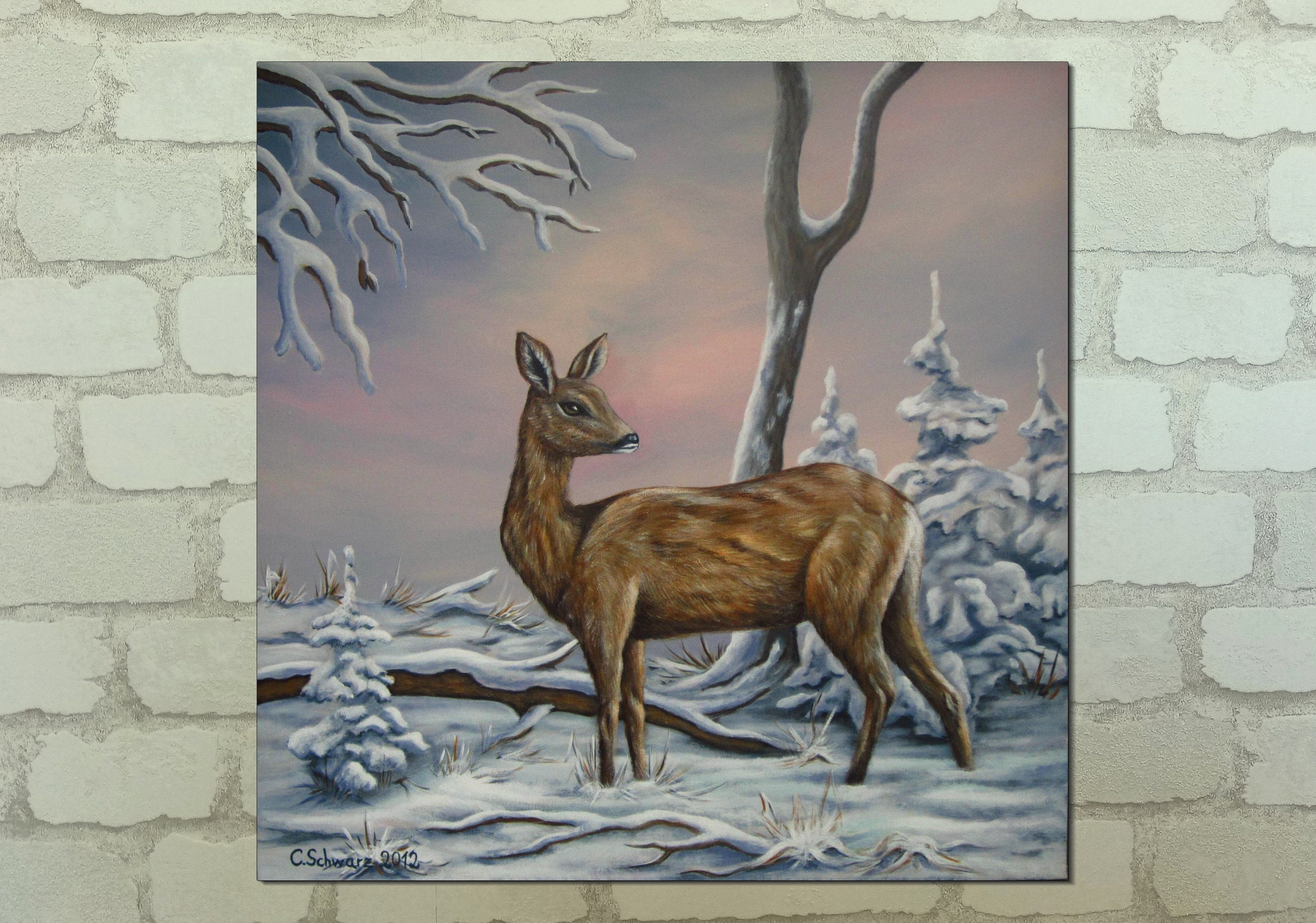 Image of Painting of a deer drinking from a hydrangea pond