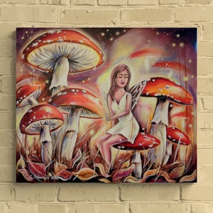 AUTUMN MAGIC - Elf in the fly agaric kingdom; surrealistic elf picture with glitter on canvas