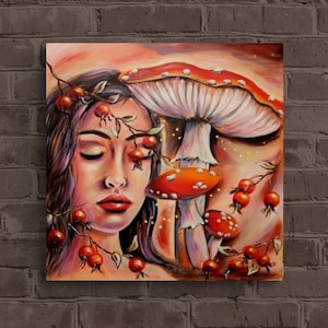 MAGICAL MOMENTS - zauberhaftes, herbstliches Frauenportrait mit Fliegenpilzen und Hagebutten 50cmx50cmx3,7cm